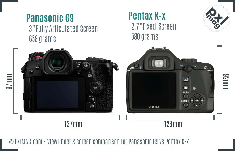 Panasonic G9 vs Pentax K-x Screen and Viewfinder comparison