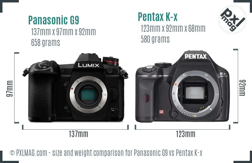 Panasonic G9 vs Pentax K-x size comparison