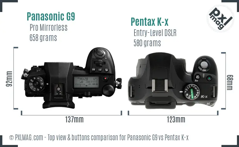 Panasonic G9 vs Pentax K-x top view buttons comparison