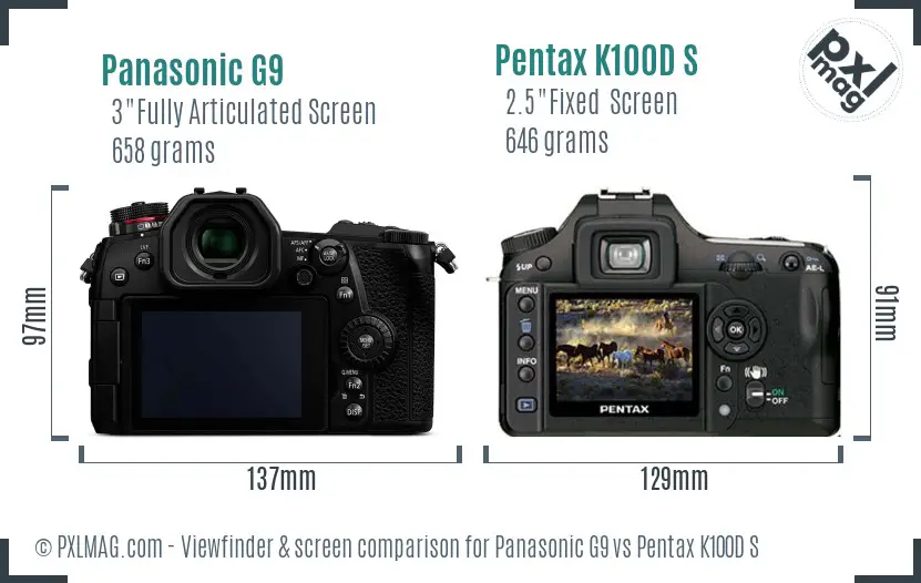 Panasonic G9 vs Pentax K100D S Screen and Viewfinder comparison