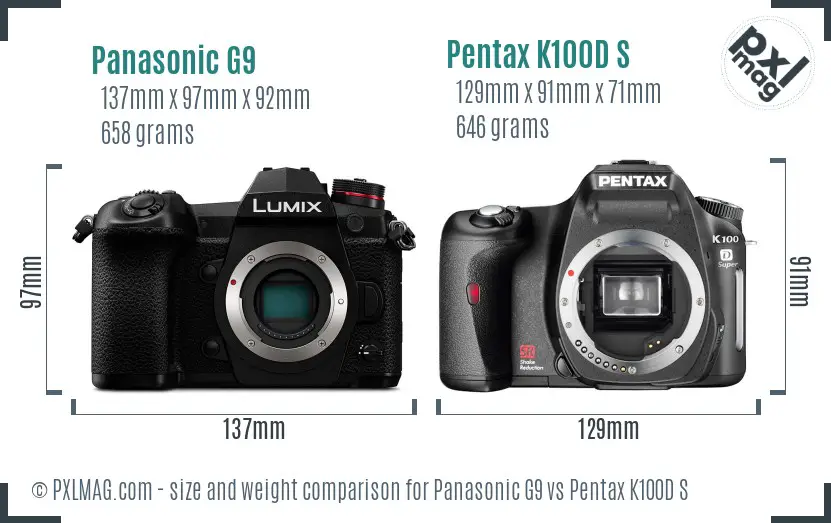 Panasonic G9 vs Pentax K100D S size comparison