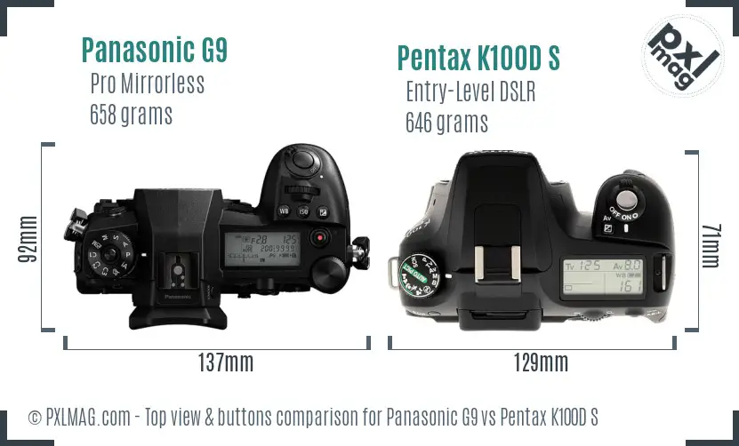 Panasonic G9 vs Pentax K100D S top view buttons comparison