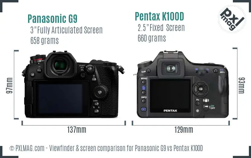 Panasonic G9 vs Pentax K100D Screen and Viewfinder comparison