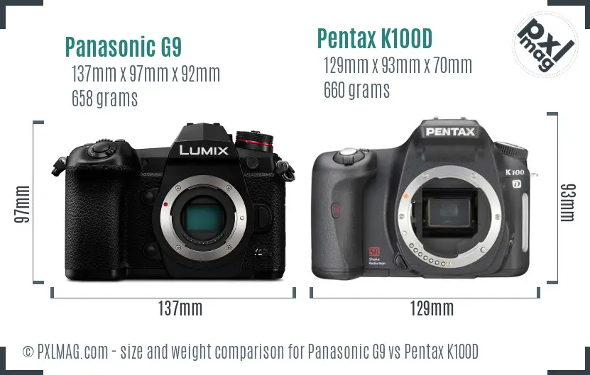 Panasonic G9 vs Pentax K100D size comparison