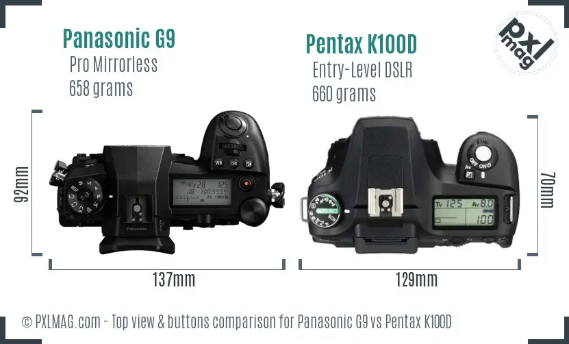 Panasonic G9 vs Pentax K100D top view buttons comparison