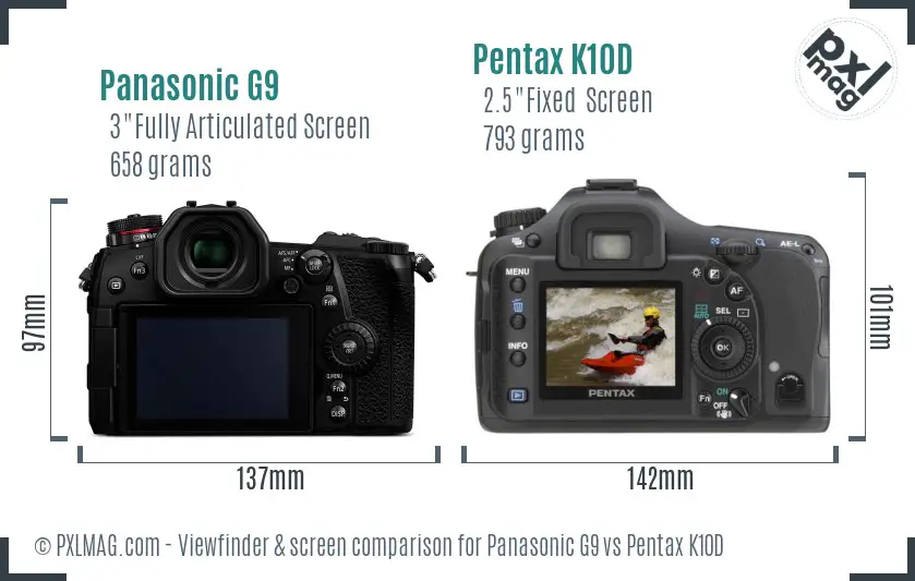 Panasonic G9 vs Pentax K10D Screen and Viewfinder comparison
