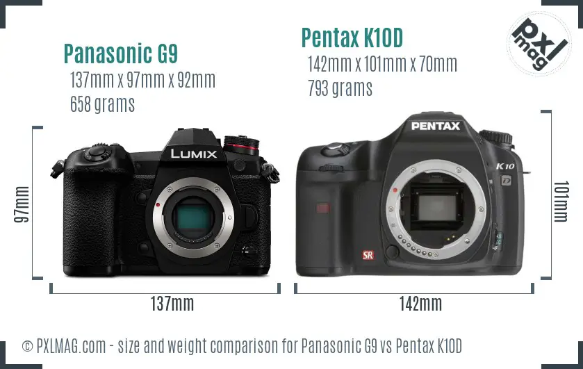 Panasonic G9 vs Pentax K10D size comparison