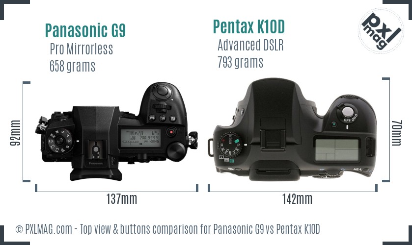 Panasonic G9 vs Pentax K10D top view buttons comparison