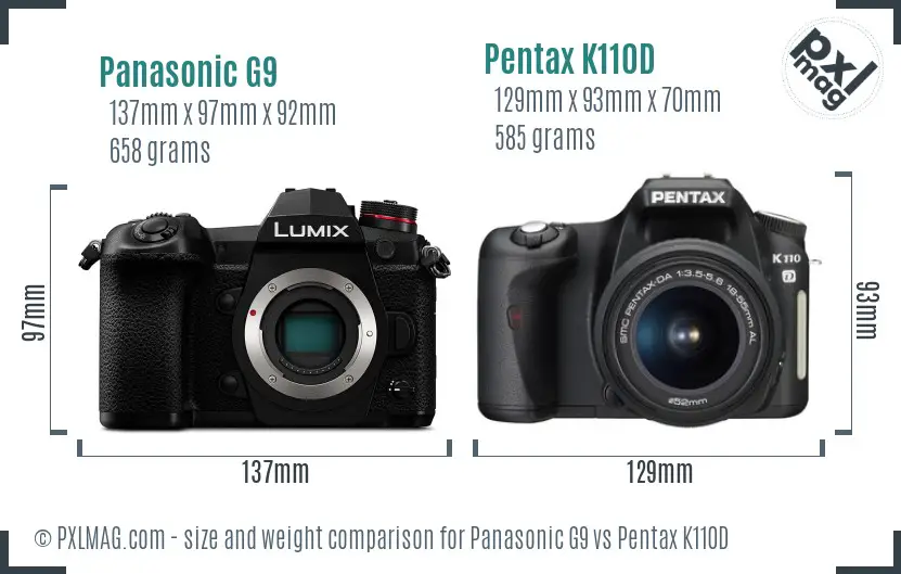 Panasonic G9 vs Pentax K110D size comparison