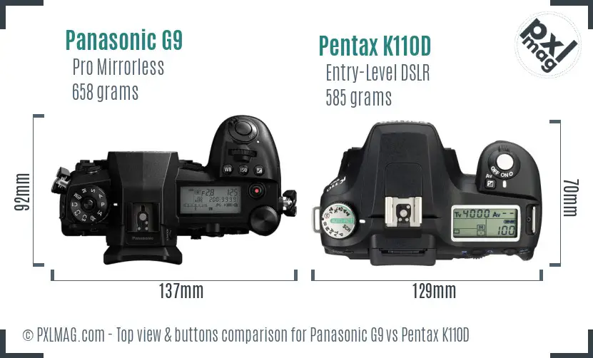 Panasonic G9 vs Pentax K110D top view buttons comparison