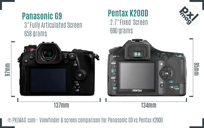 Panasonic G9 vs Pentax K200D Screen and Viewfinder comparison