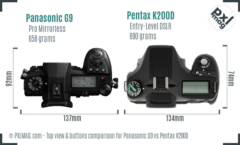 Panasonic G9 vs Pentax K200D top view buttons comparison