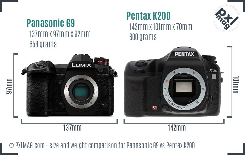 Panasonic G9 vs Pentax K20D size comparison