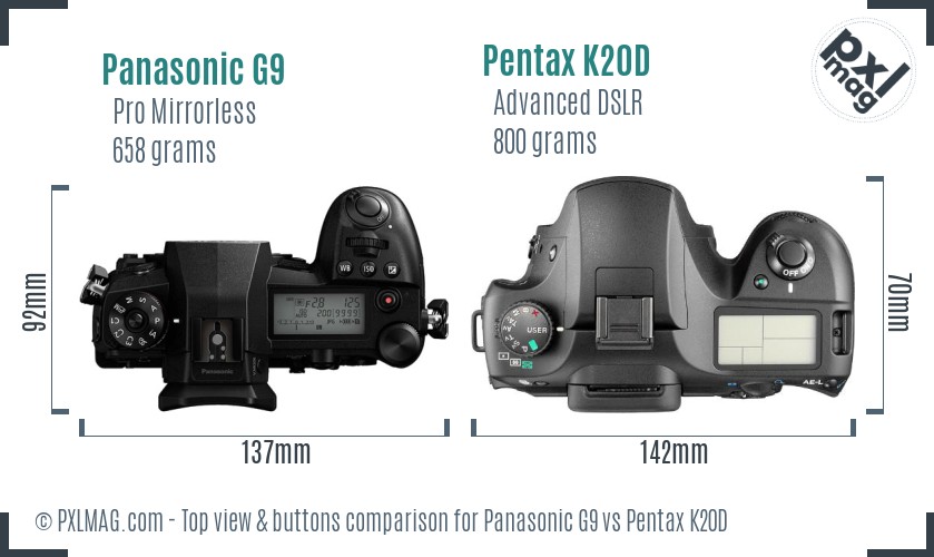 Panasonic G9 vs Pentax K20D top view buttons comparison