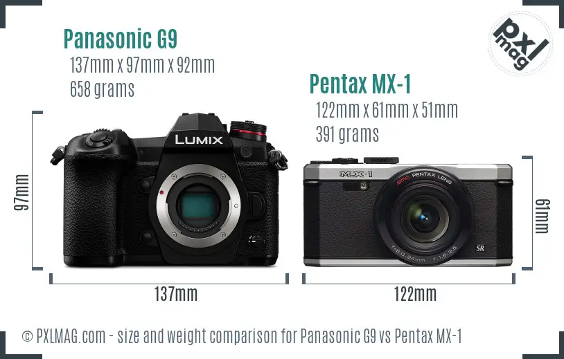 Panasonic G9 vs Pentax MX-1 size comparison