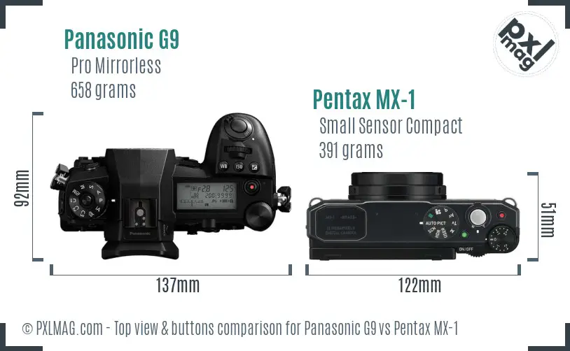 Panasonic G9 vs Pentax MX-1 top view buttons comparison