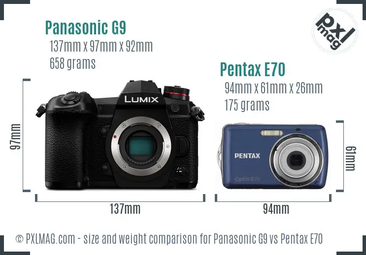 Panasonic G9 vs Pentax E70 size comparison