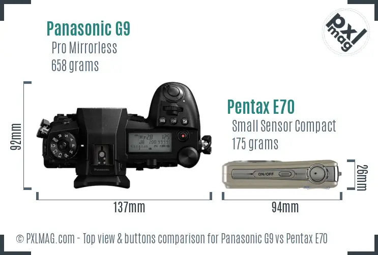 Panasonic G9 vs Pentax E70 top view buttons comparison