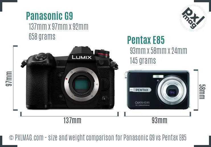 Panasonic G9 vs Pentax E85 size comparison