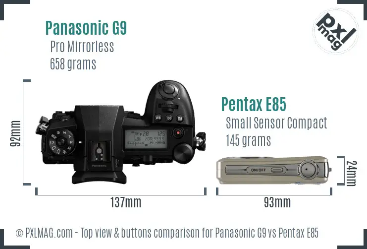 Panasonic G9 vs Pentax E85 top view buttons comparison