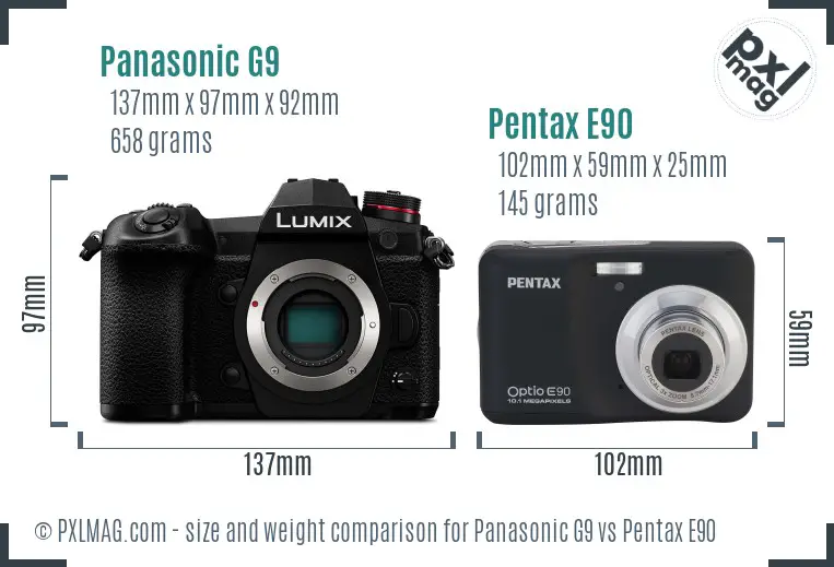 Panasonic G9 vs Pentax E90 size comparison