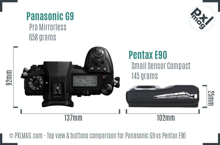 Panasonic G9 vs Pentax E90 top view buttons comparison