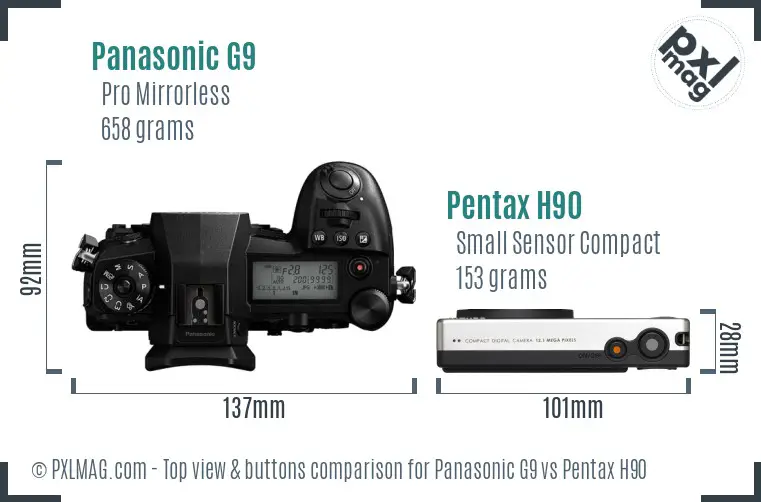 Panasonic G9 vs Pentax H90 top view buttons comparison