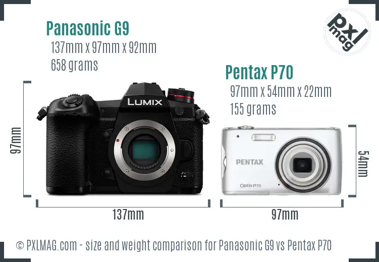 Panasonic G9 vs Pentax P70 size comparison