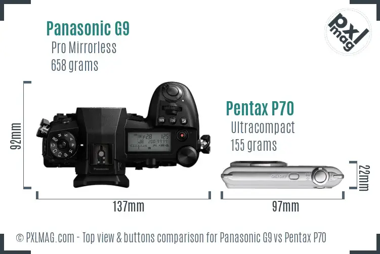 Panasonic G9 vs Pentax P70 top view buttons comparison