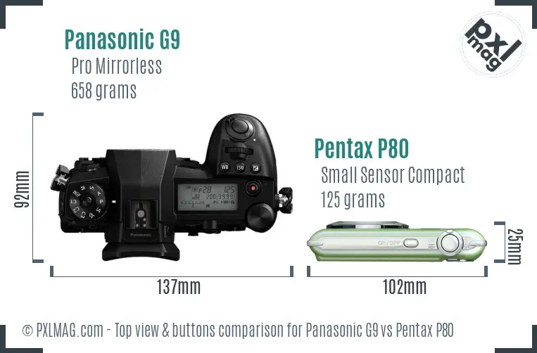 Panasonic G9 vs Pentax P80 top view buttons comparison
