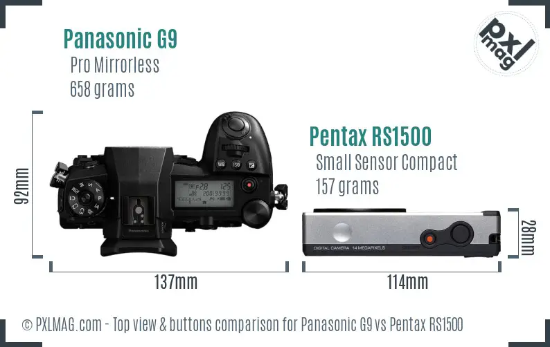 Panasonic G9 vs Pentax RS1500 top view buttons comparison