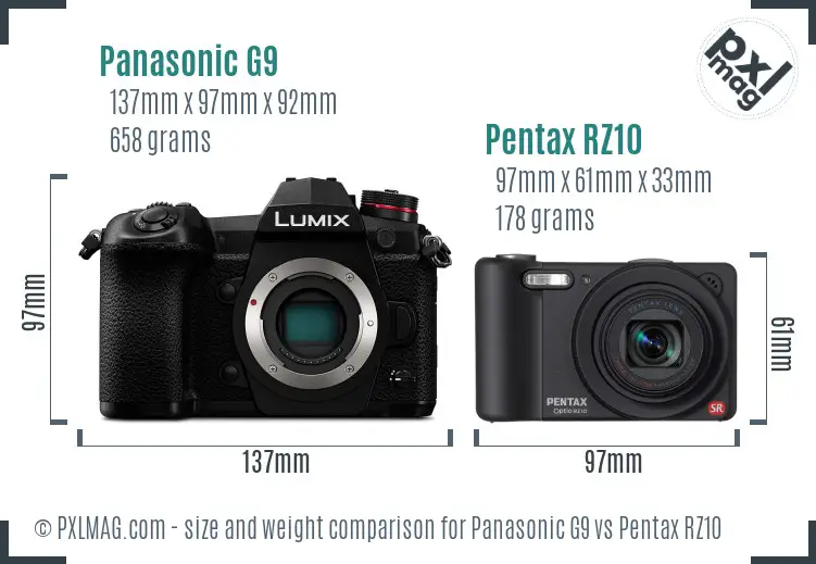 Panasonic G9 vs Pentax RZ10 size comparison