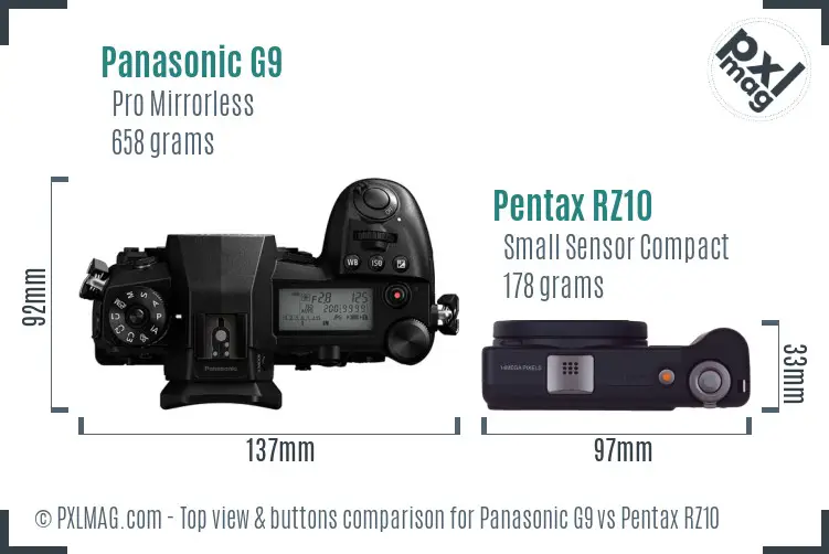 Panasonic G9 vs Pentax RZ10 top view buttons comparison