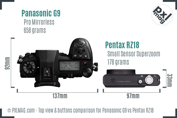 Panasonic G9 vs Pentax RZ18 top view buttons comparison