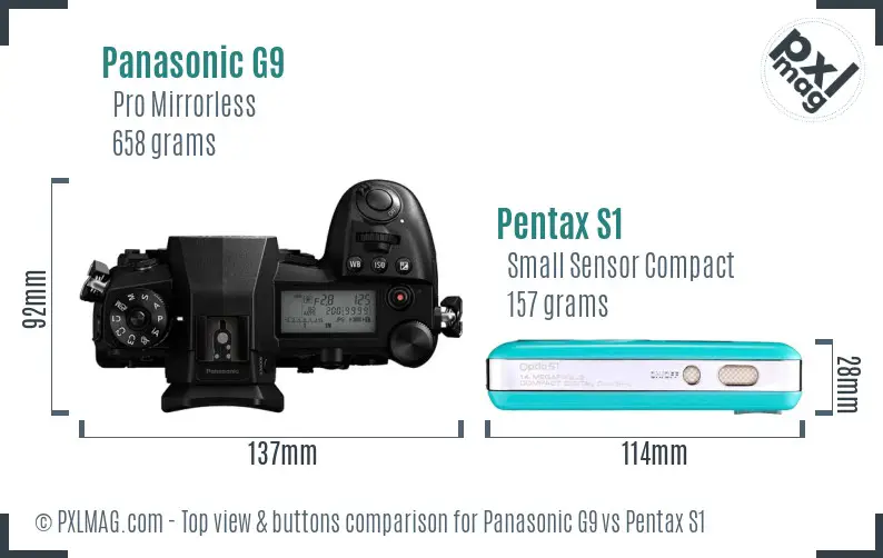 Panasonic G9 vs Pentax S1 top view buttons comparison
