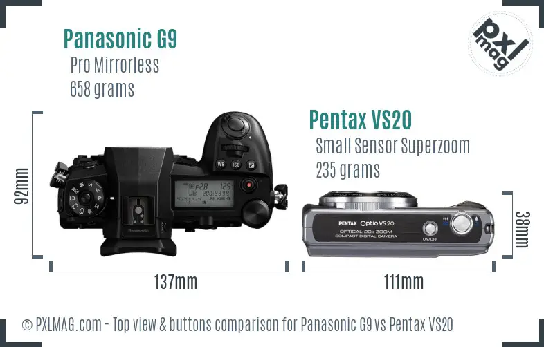 Panasonic G9 vs Pentax VS20 top view buttons comparison