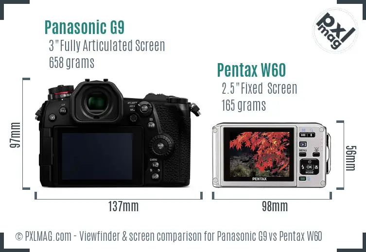 Panasonic G9 vs Pentax W60 Screen and Viewfinder comparison