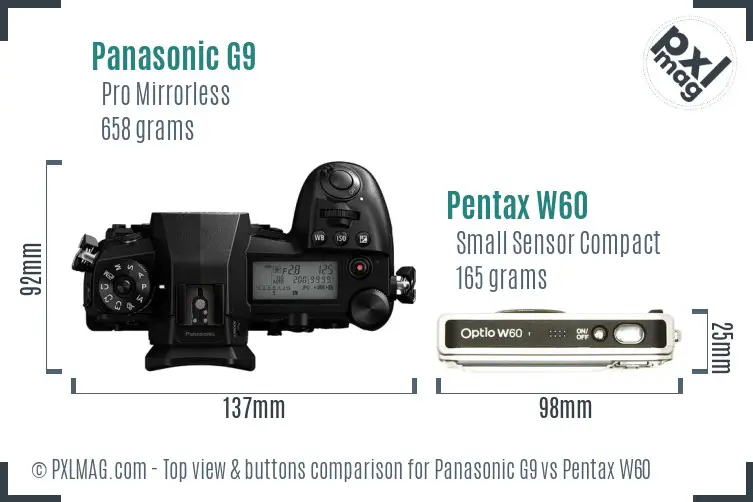 Panasonic G9 vs Pentax W60 top view buttons comparison