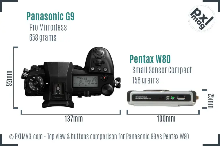 Panasonic G9 vs Pentax W80 top view buttons comparison