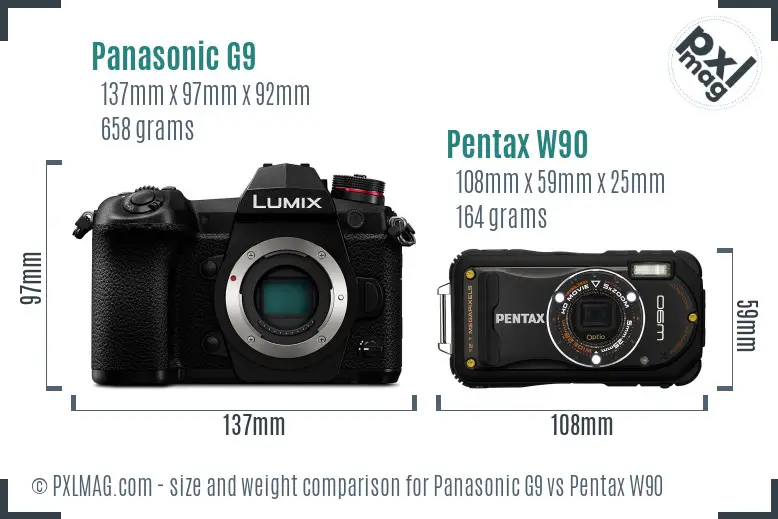 Panasonic G9 vs Pentax W90 size comparison