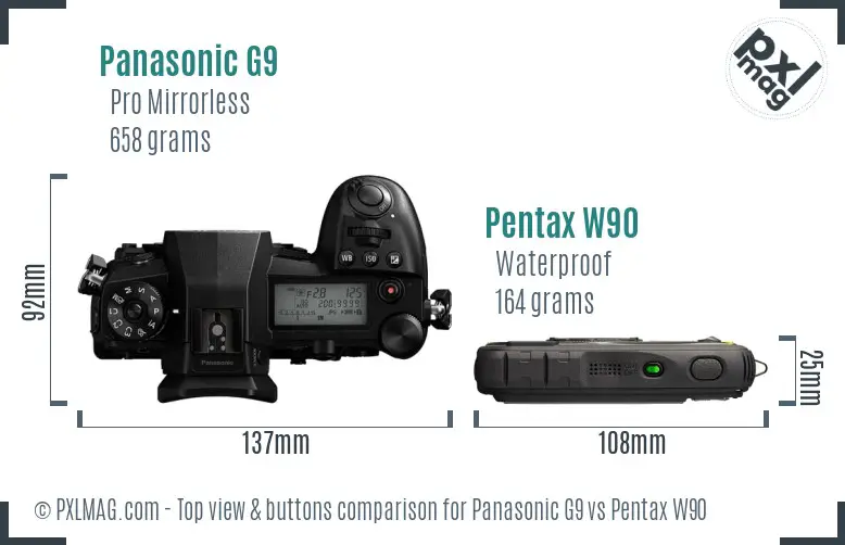 Panasonic G9 vs Pentax W90 top view buttons comparison