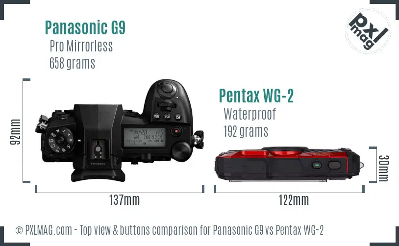 Panasonic G9 vs Pentax WG-2 top view buttons comparison