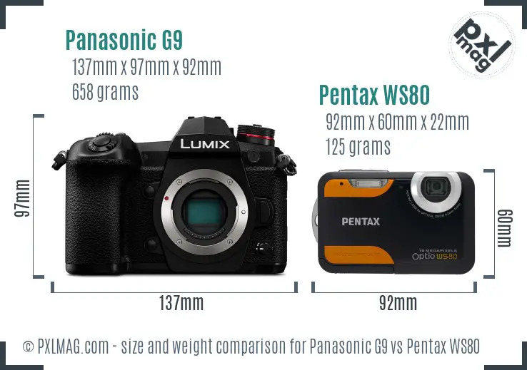 Panasonic G9 vs Pentax WS80 size comparison