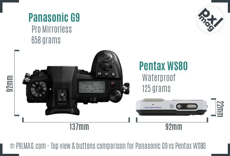 Panasonic G9 vs Pentax WS80 top view buttons comparison