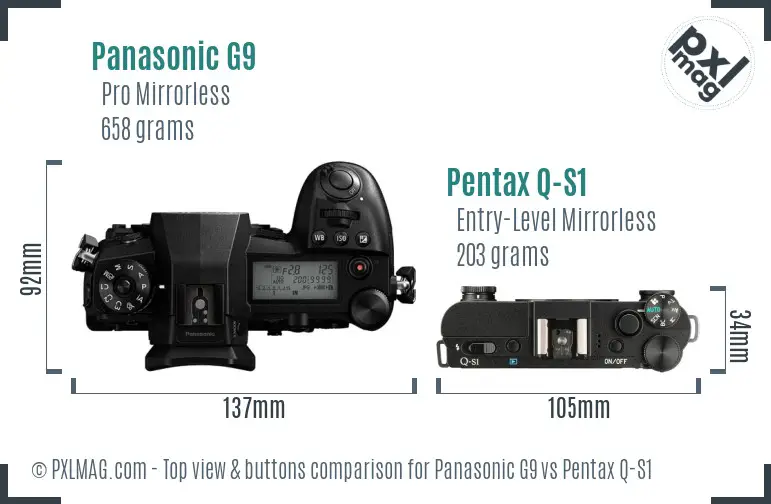 Panasonic G9 vs Pentax Q-S1 top view buttons comparison