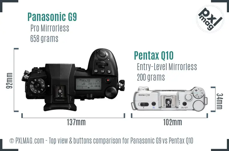 Panasonic G9 vs Pentax Q10 top view buttons comparison
