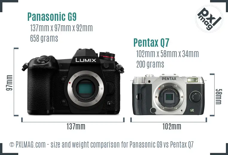 Panasonic G9 vs Pentax Q7 size comparison