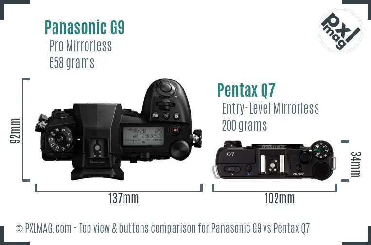 Panasonic G9 vs Pentax Q7 top view buttons comparison