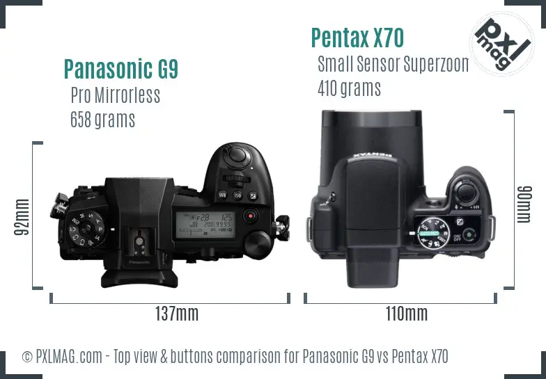 Panasonic G9 vs Pentax X70 top view buttons comparison Panasonic G9 vs Pentax X70 top view buttons comparison