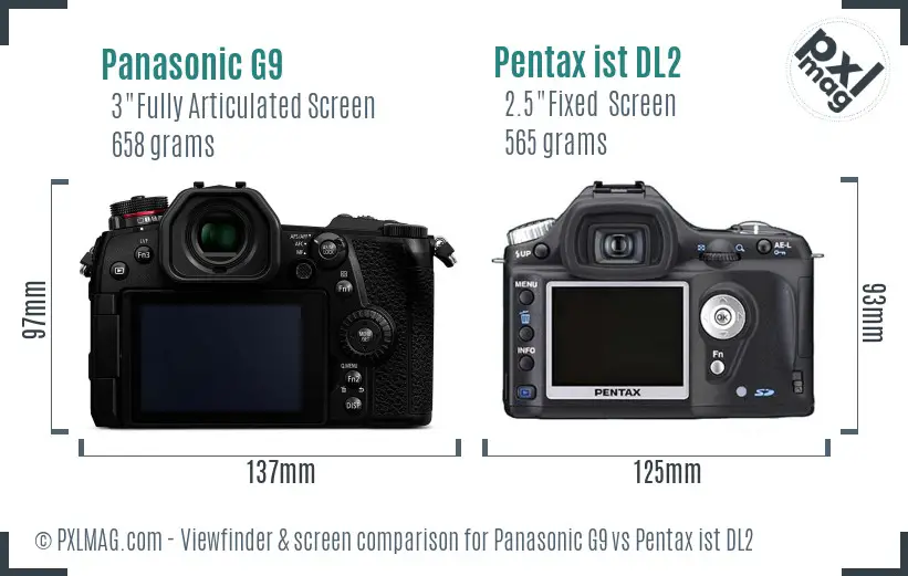 Panasonic G9 vs Pentax ist DL2 Screen and Viewfinder comparison